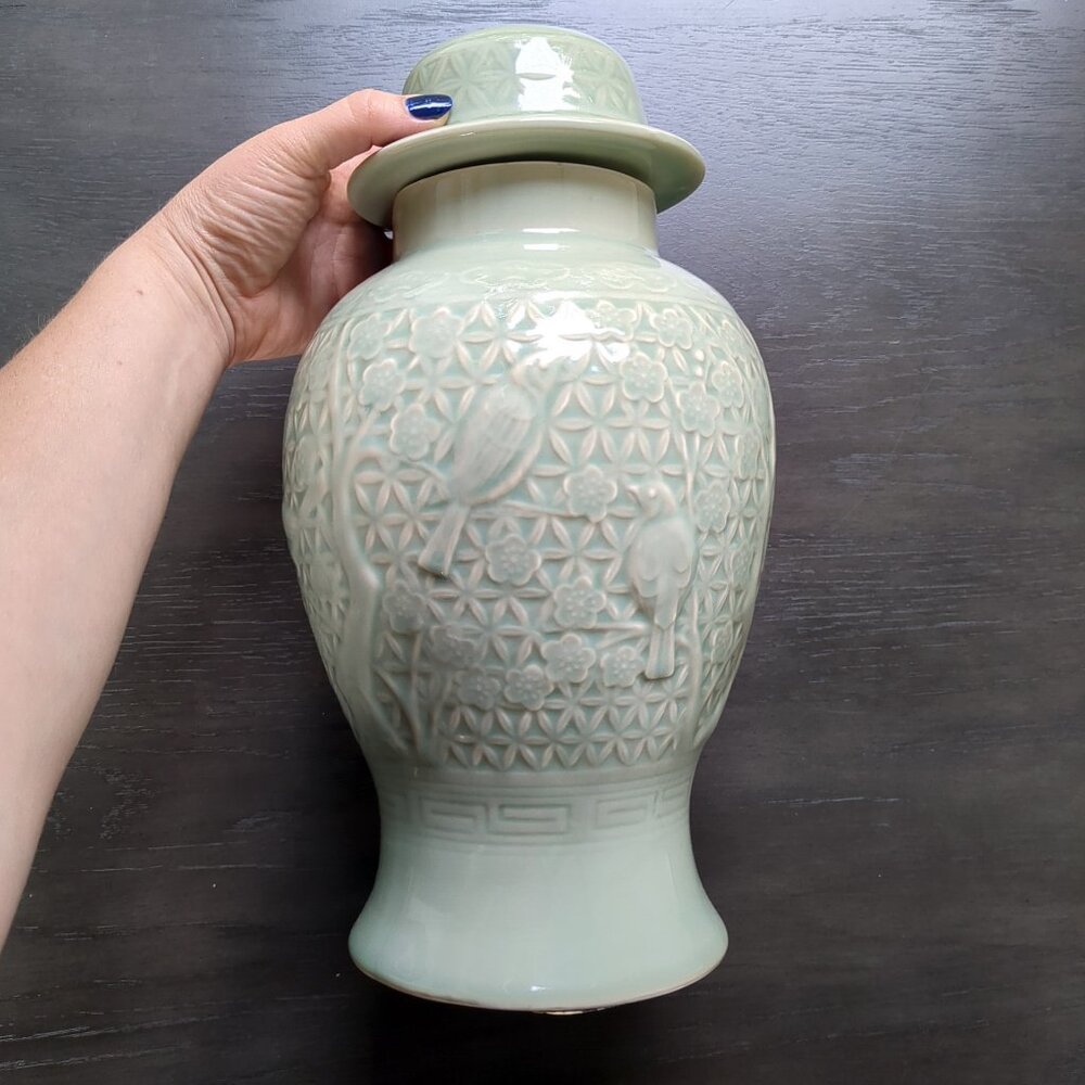 Wildwood Home Celadon Glazed Ginger Jar Lamp Base w/ Floral Fauna Engraving